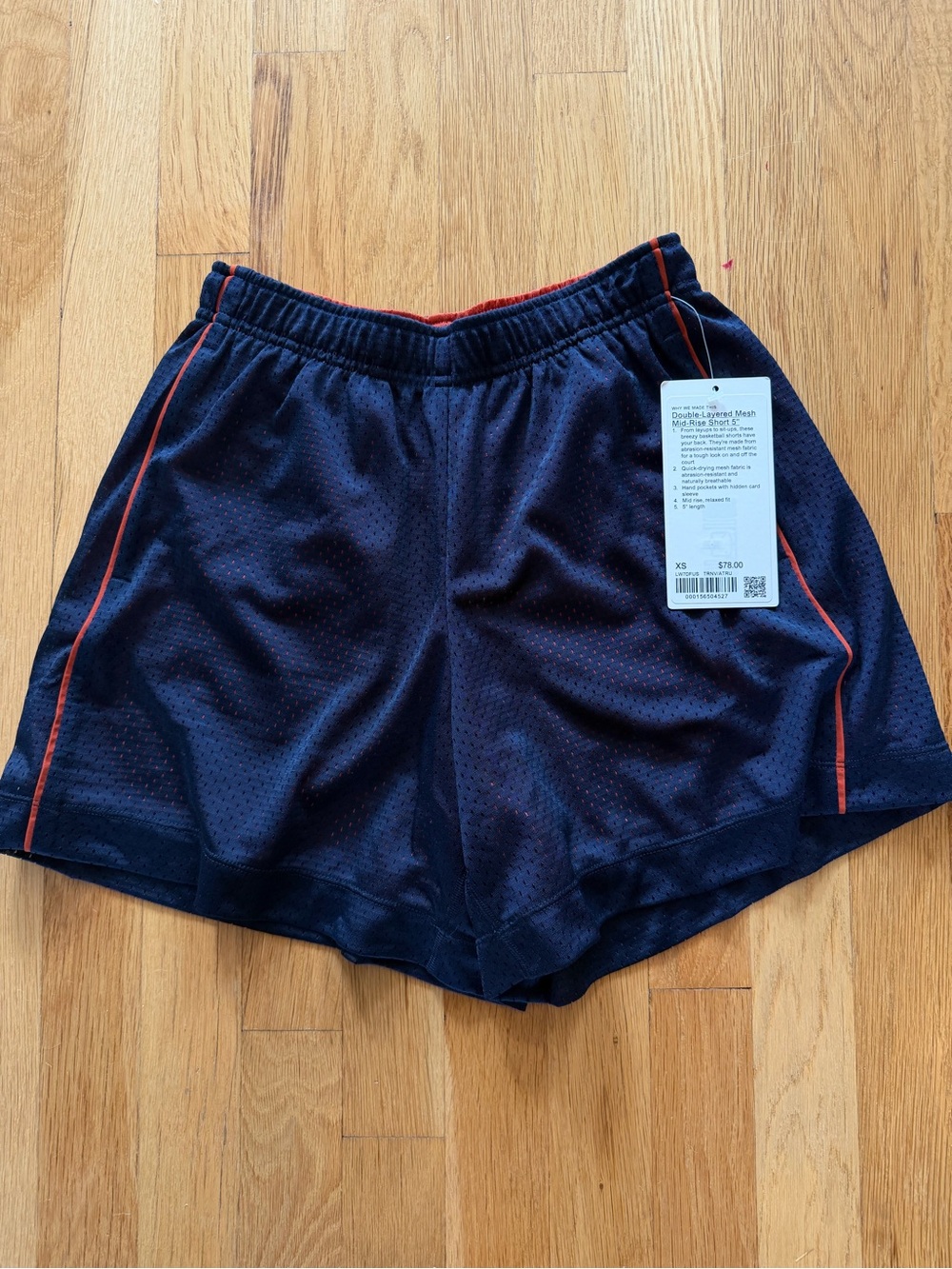 NWT  lululemon navy and orange double layered Mesh Shorts 5”